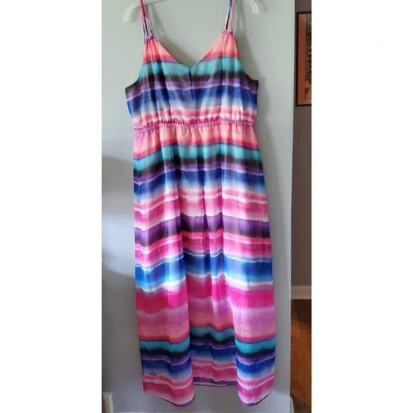 Lane Bryant Size 18/20 Watercolor Chiffon Strappy Striped Colorful Maxi Dress - Picture 8 of 14